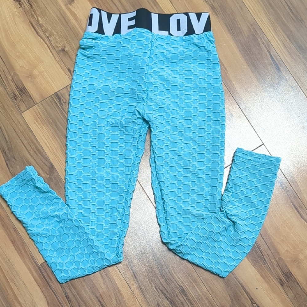Blue Textured Leggings with Love Waistband